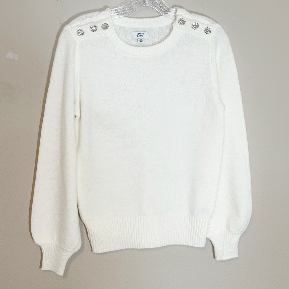 Crown & Ivy Ivory Long Puff Sleeve Sweater with Jeweled Buttons - size PS